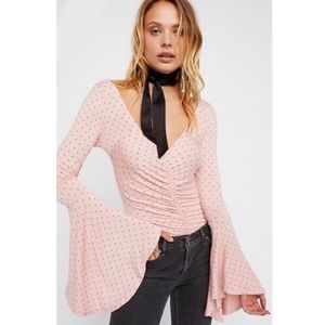 WE THE FREE light pink and black What A Babe ruched bell sleeve top M